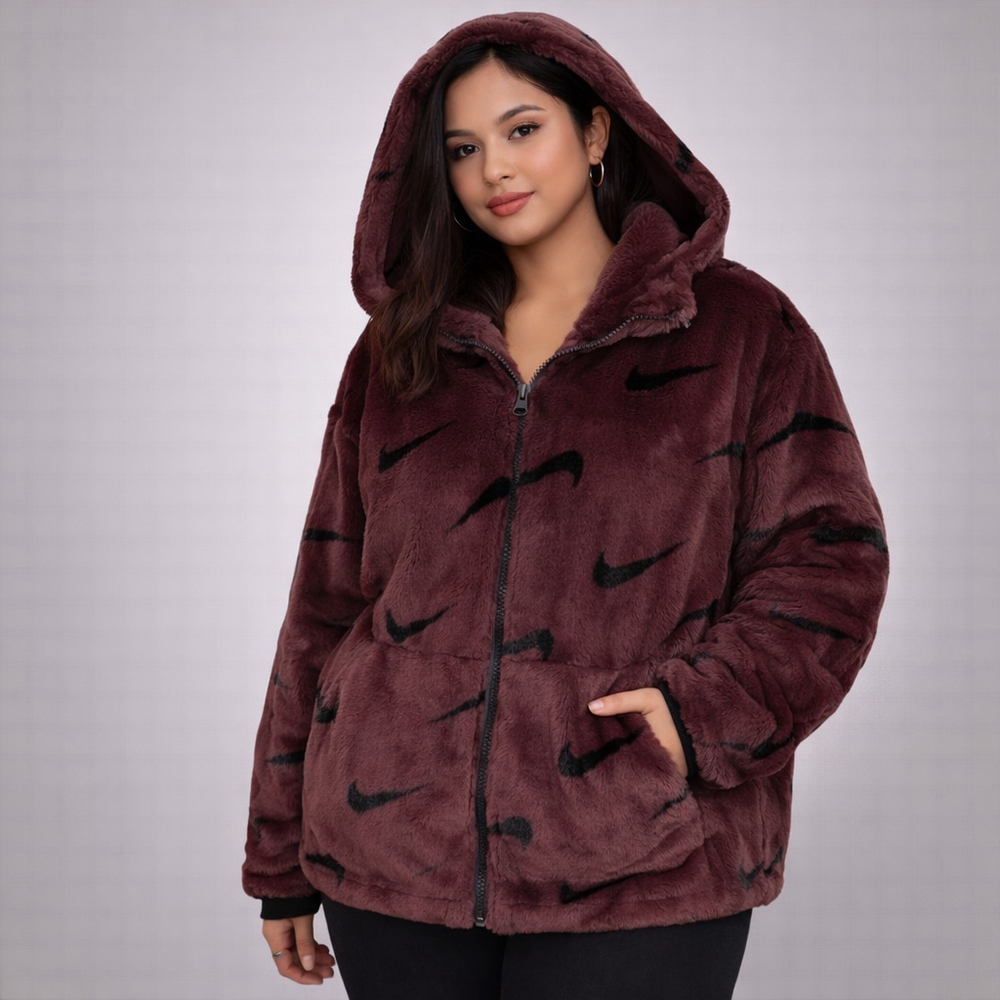 Nike Burgundy Faux Fur Zip Hoodie Jacket Women’s L Cozy Streetwear Y2K